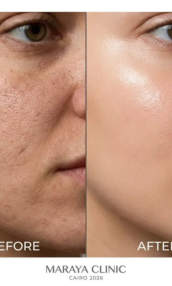مقارنة قبل وبعد جلسات جهاز سيكرت ليزر (Secret RF) لعلاج المسام وتحفيز الكولاجين لعميلة سعودية في مرايا كلينيك القاهرة 