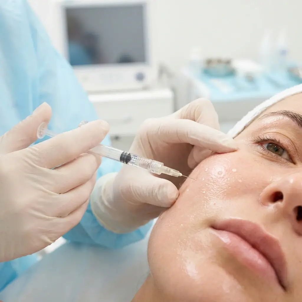طبيبة جلدية تطبق جلسة حقن السكين بوستر Skinboosters ترطيب عميق يغنيكِ عن مستحضرات التجميل لعميلة في عيادة مرايا كلينيك بالقاهرة 