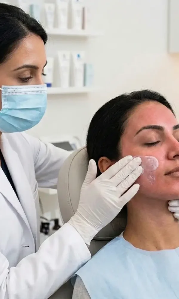 طبيبة جلدية تطبق كريم مهدئ لعنوان العناية بالبشرة بعد جلسات الليزر كريمات ومحاذير لتجنب الالتهابات في عيادة مرايا كلينيك